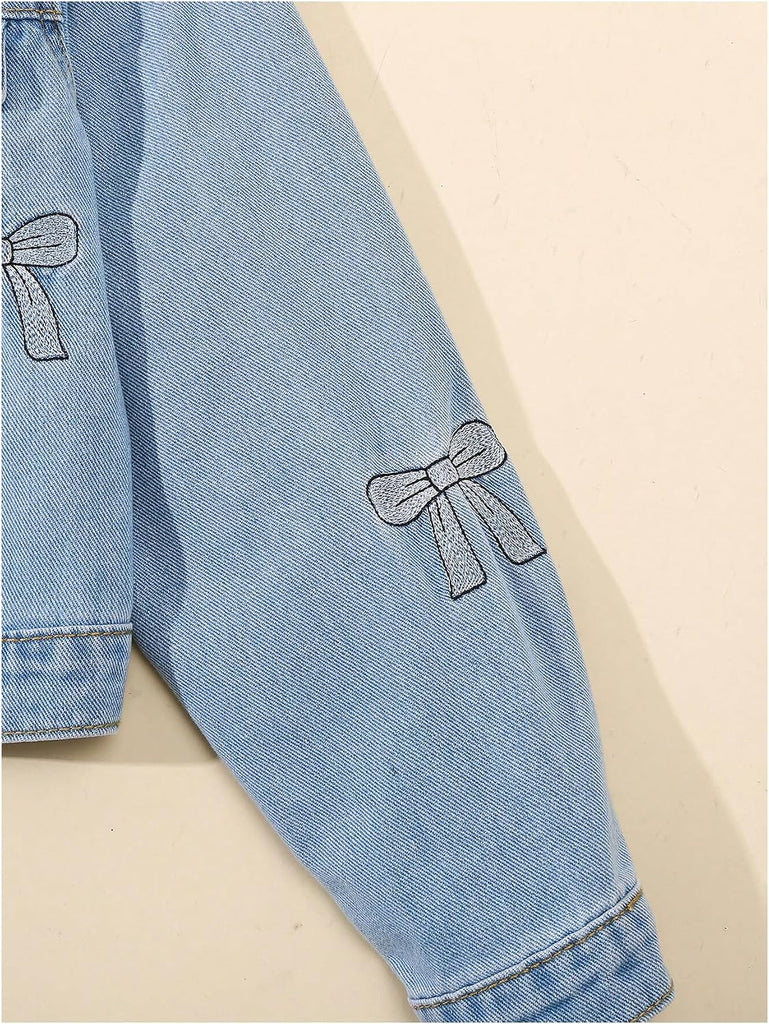Girl's Bow Embroidered Denim Jacket Long Sleeve Button Down Jean Jacket Cute Outerwear