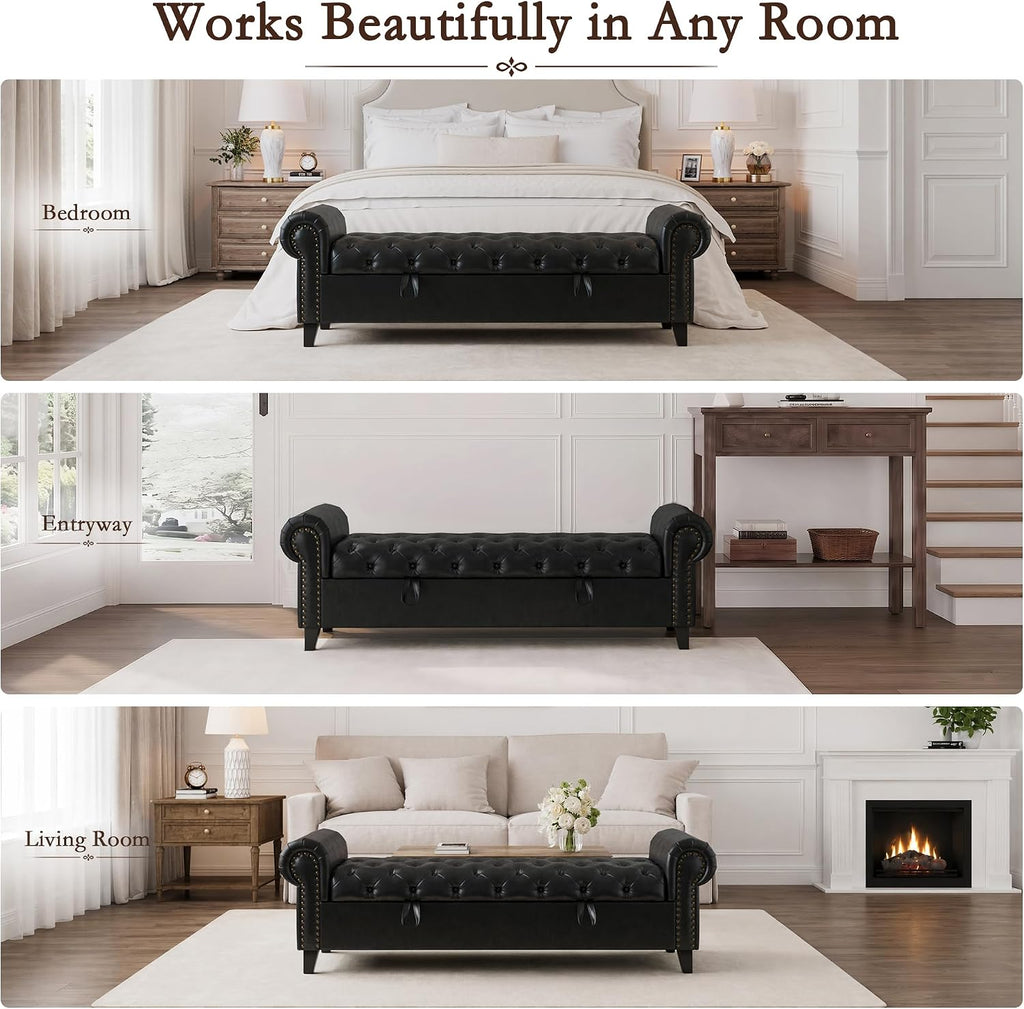67 Inch Faux Leather Storage Bench with Rolled Arms, Chesterfield Tufted Ottoman Bench with Nailhead Trim
