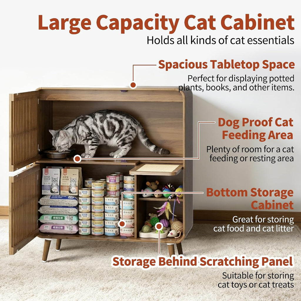 Dog Proof Cat Feeding Station, Pet Feeding Station with Storage, Walnut