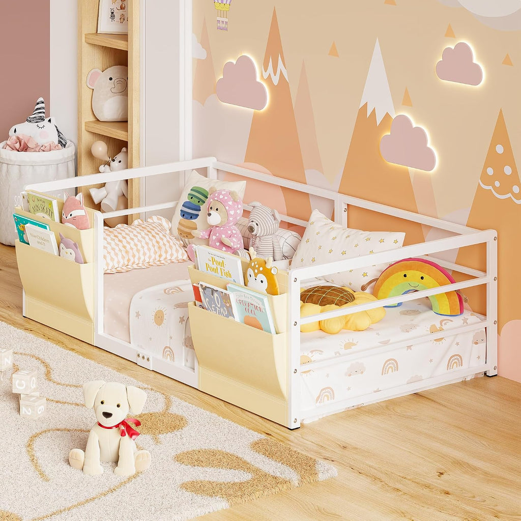 Floor Bed for Kids, White | Safety Guardrails, Montessori Bed Frame, Bedside Caddy, Suitable