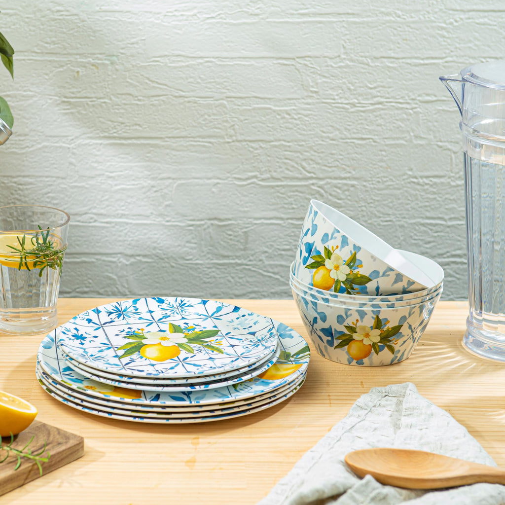 Melamine Dinnerware12 Piece Outdoor Indoor Set, Lemon Tiles