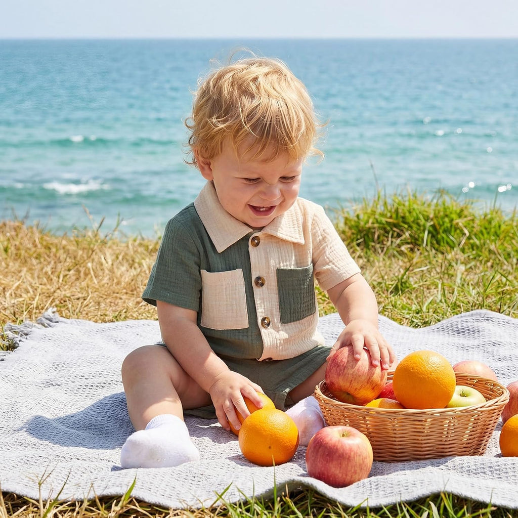 Baby Boys Summer Outfit Color Blocking Button Down Shirts + Shorts Cotton Gauze 2PCS Toddler Clothes Set with Pockets