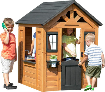 Sweetwater Cedar Wooden Kids Playhouse Cottage with Play Kitchen, Snack Bar, Half Door, Toy Phone, Windows, Flowerpot