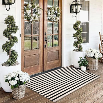 Black and Ivory Striped Area Rug, Cotton Woven Farmhouse Rug and Covered Porch, Reversible Washable Modern