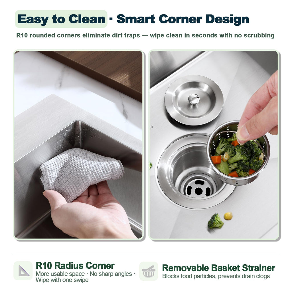 22 x 16 inch Kitchen Sink, Drop-in Tight Radius Brushed Stainless Steel Topmount Kitchen Sink Single Bowl