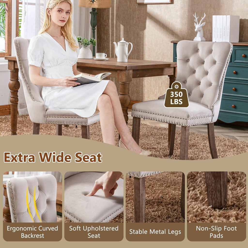 64.5" Dining Room Table Set for 6, Farmhouse Wood Kitchen Table with Decorative Pedestal Legs & 6 Tufted Velvet