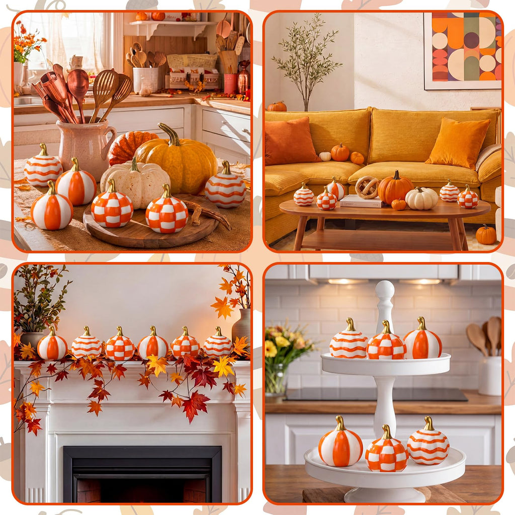 6 Pcs Orange Checkered Stripe Ceramic Pumpkins Fall Centerpiece