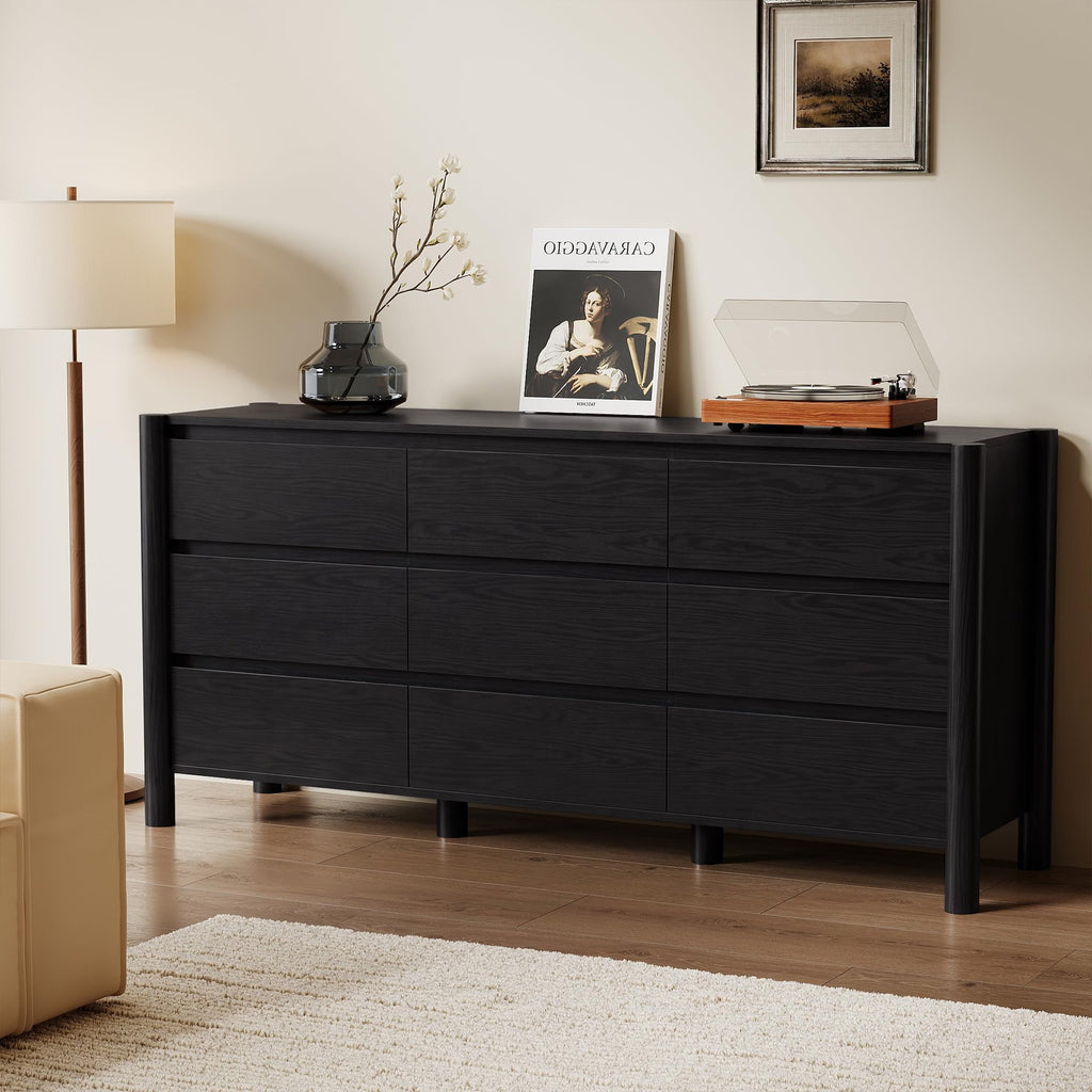 Black Dresser, 63" Wide 9 Drawer Mid Century Modern Chest
