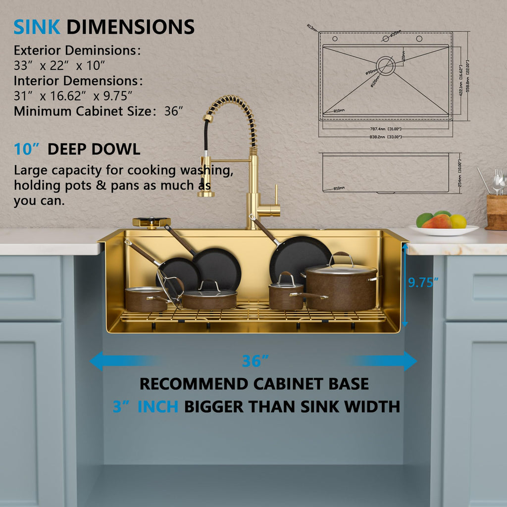 33"x22" Brushed Gold Drop Sink Ledge Workstation