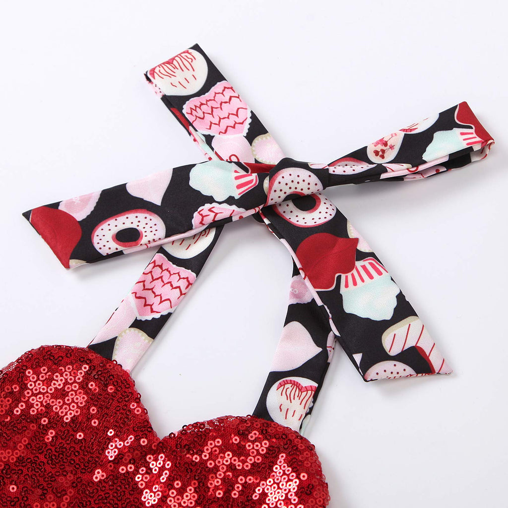 Cute Newborn Infant Baby Girl Sequins Halter Skirted Romper Heart Print Backless Sunsuit Valentine Outfit (Red, 0-6