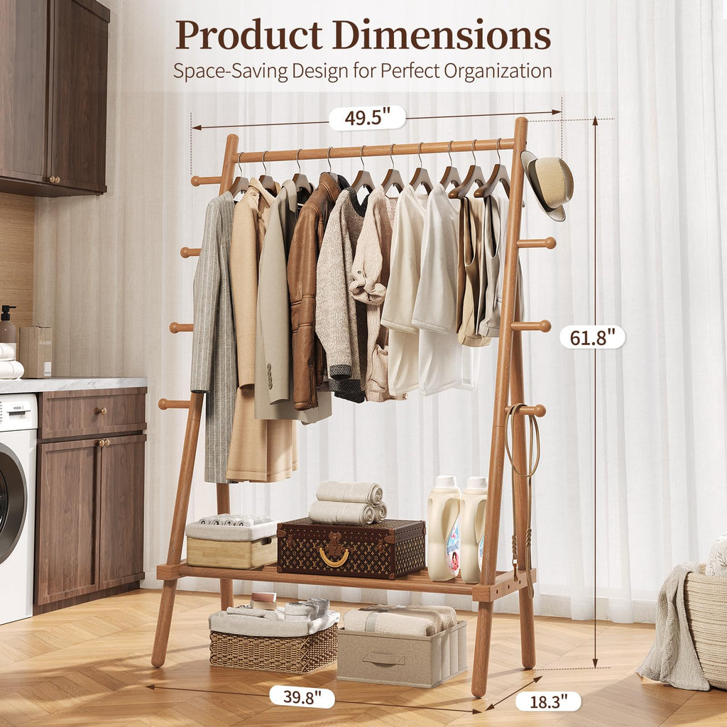 Solid Wood Clothes Rack - Heavy Duty Clothing Racks for Hanging Clothes with 8 Hooks, Portable Garment Rack for Dress