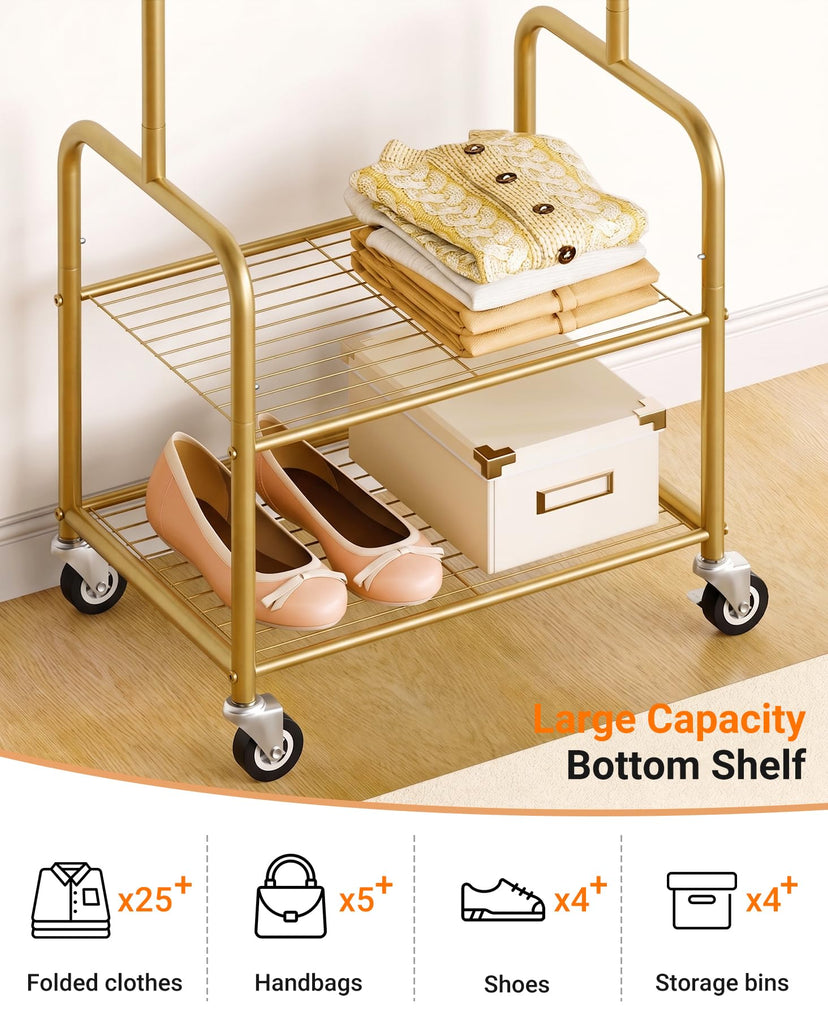 Small Clothes Rack with Shelves, Metal Sturdy Rolling Clothing Racks for Hanging Clothes, Portable Garment Rack with