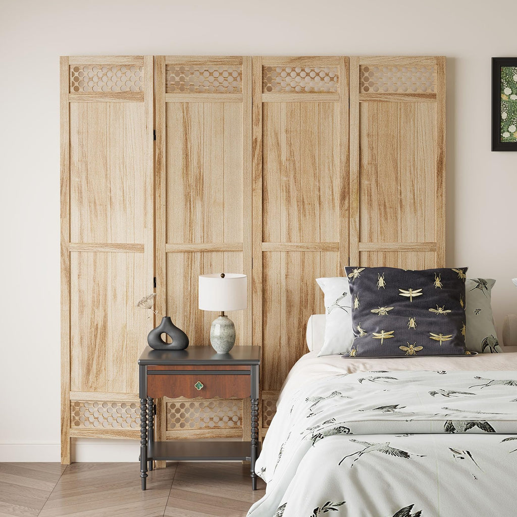 Privacy Screen Room Divider Panel - 67 Inch Tall Natural Wood Folding Partition Room Dividers, No-Assembly Required