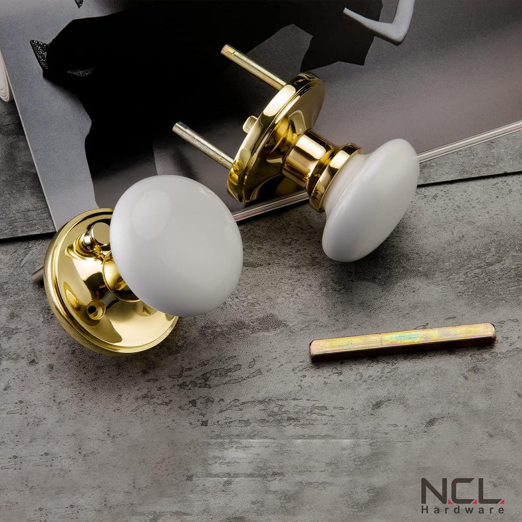 White Door Knobs, Porcelain Round Door Handle with Polished Brass Plate