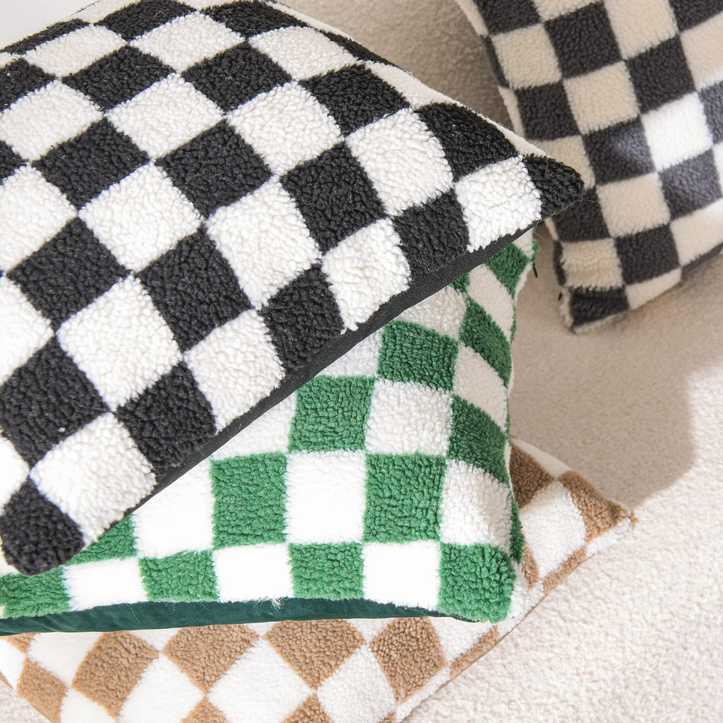 Decorative Throw Pillow Covers - Soft Sherpa Checkerboard Cushion Covers Faux Fur Pillow Cases for Sofa Bedroom