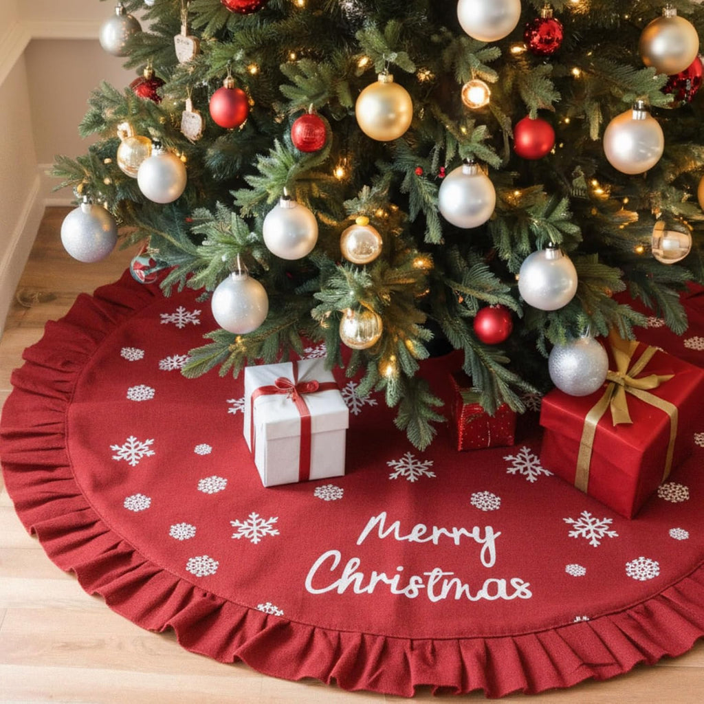 31 Inch Christmas Tree Skirt Linen Burlap Red Tree Skirt with Ruffle Rustic Farmhouse Trees Ornaments Snowflake Xmas