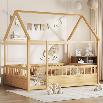 House Bed Frame with High Fence, Natural