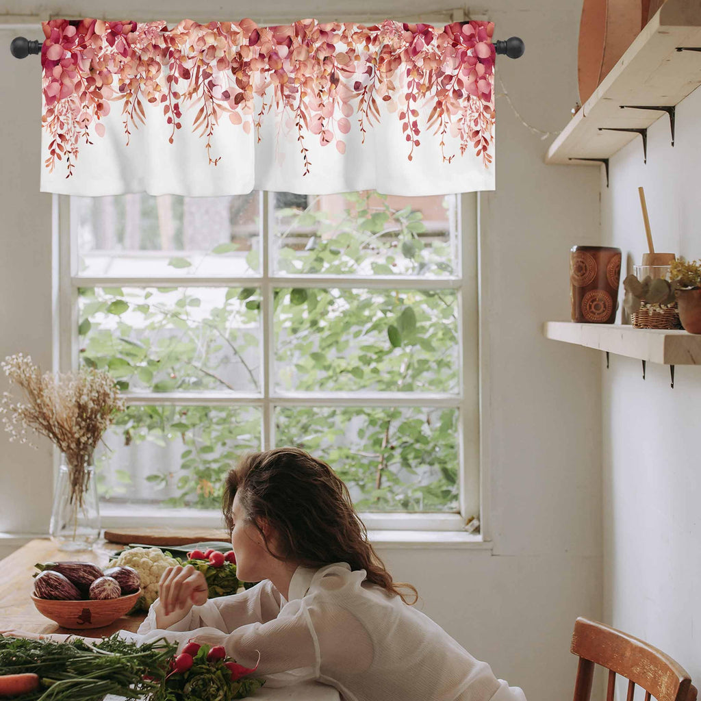 Curtain Valance for Windows Red Eucalyptus Rod Pocket Valance Window Treatments 1 Panel Watercolor Leaves Short