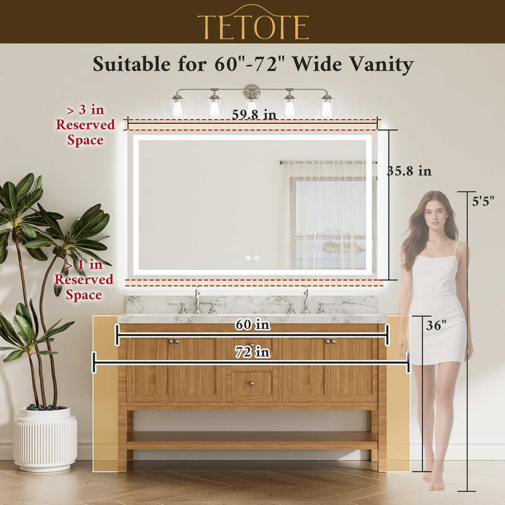 60 x 36 LED Lighted Bathroom Mirror with Lights Wall Mounted, Brighter Front and Backlit Light up Mirror, 3-Color