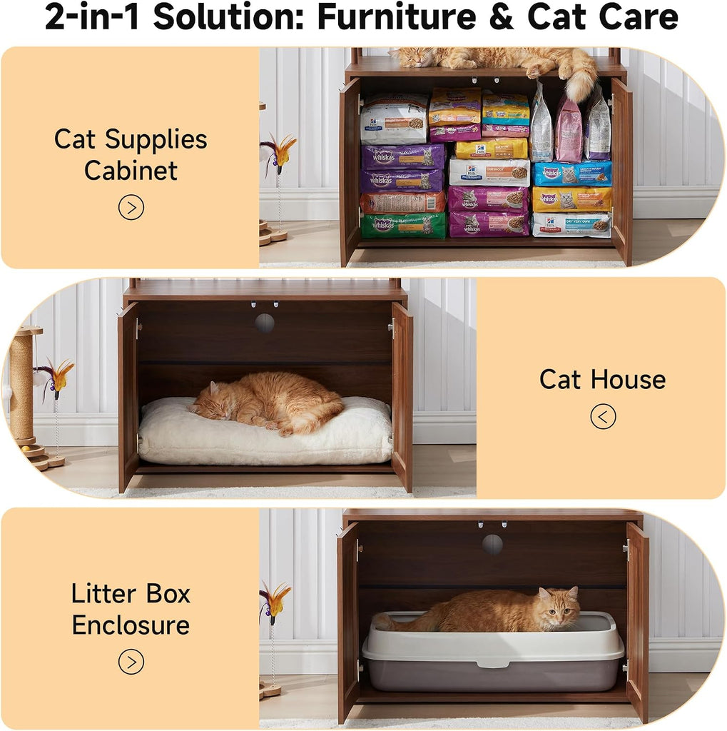 Arched Cat Litter Box Enclosure with 2-Tier Shelves, 63" Tall Hidden Litter Box Furniture with Reversible Entry, Wood