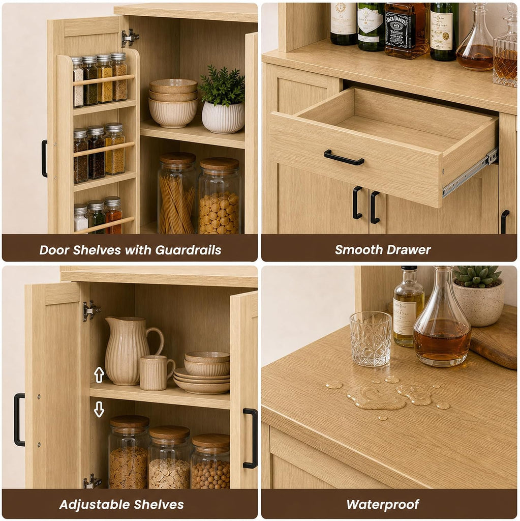 71" Kitchen Pantry with LED Lights, Farmhouse Hutch Storage Cabinet | Tall Coffee Bar, 55" Wide Countertop with