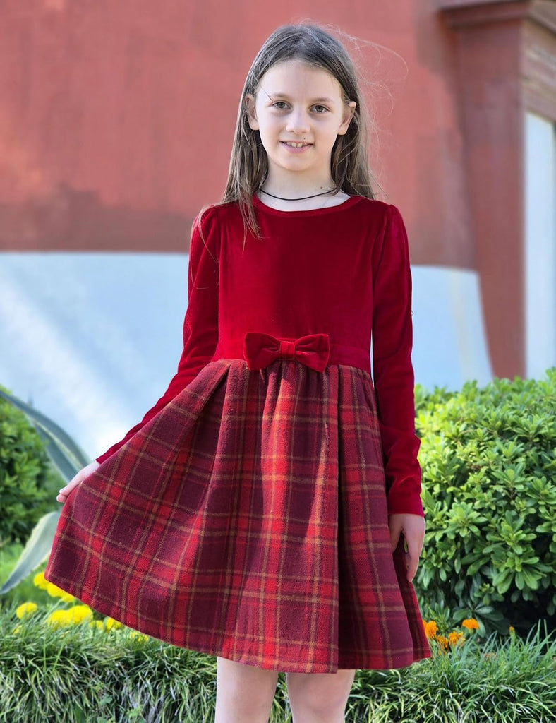 Girls Long Sleeve Velvet Plaid Patchwork Party Dress with Pockets