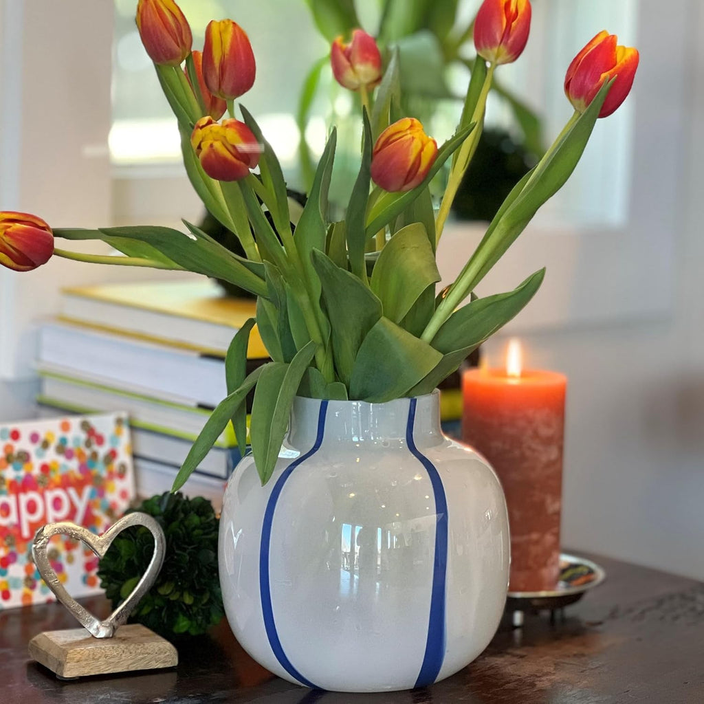 Coastal Blue and White Round Vase, Pomegranate Shape, Stripes, Glass, 7 Inches, Murano Style