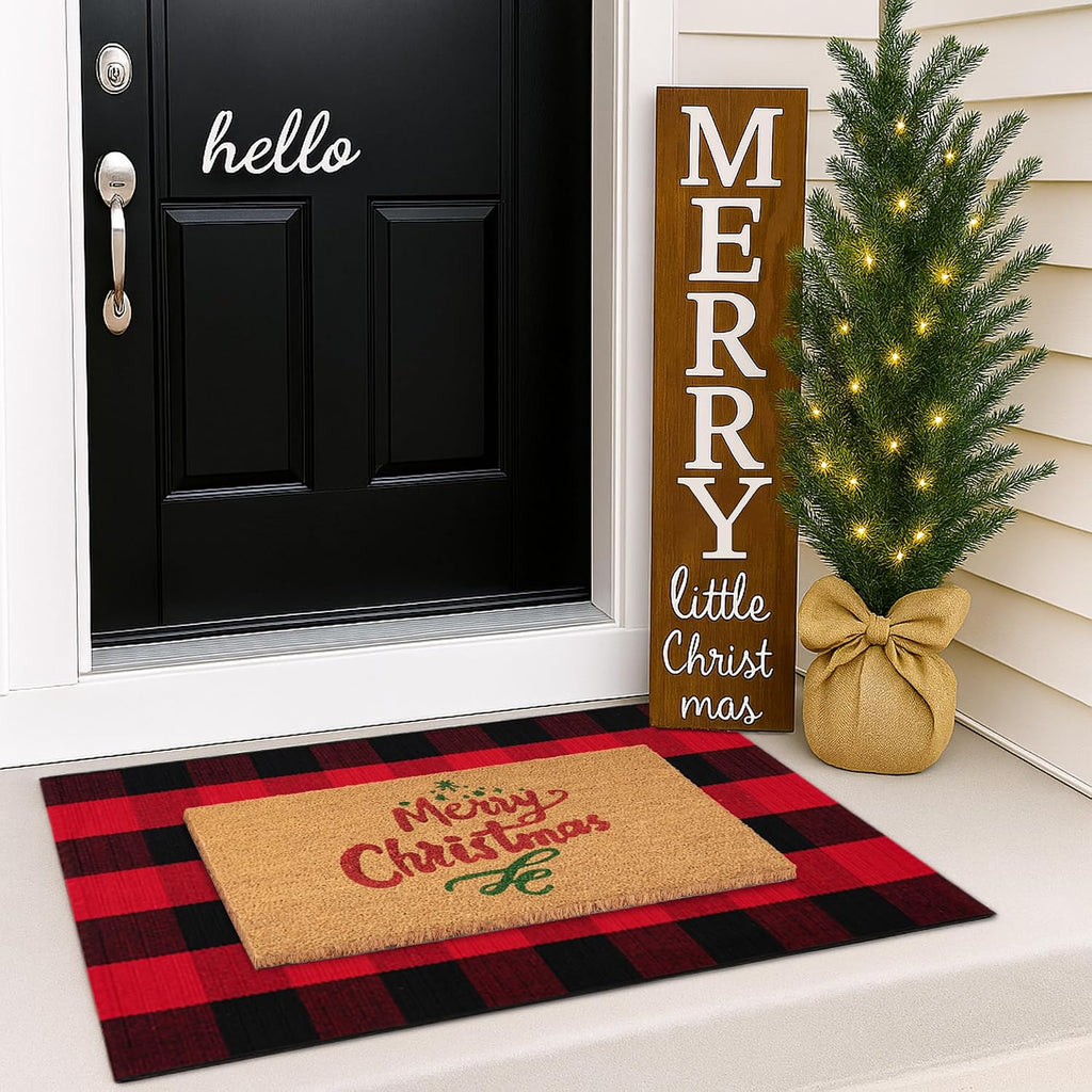 Christmas Door Mat Combo Set - 100% Coco Coir Welcome Mat + 28 x 43 Inch Red and Black Plaid Rug, New Year Holiday