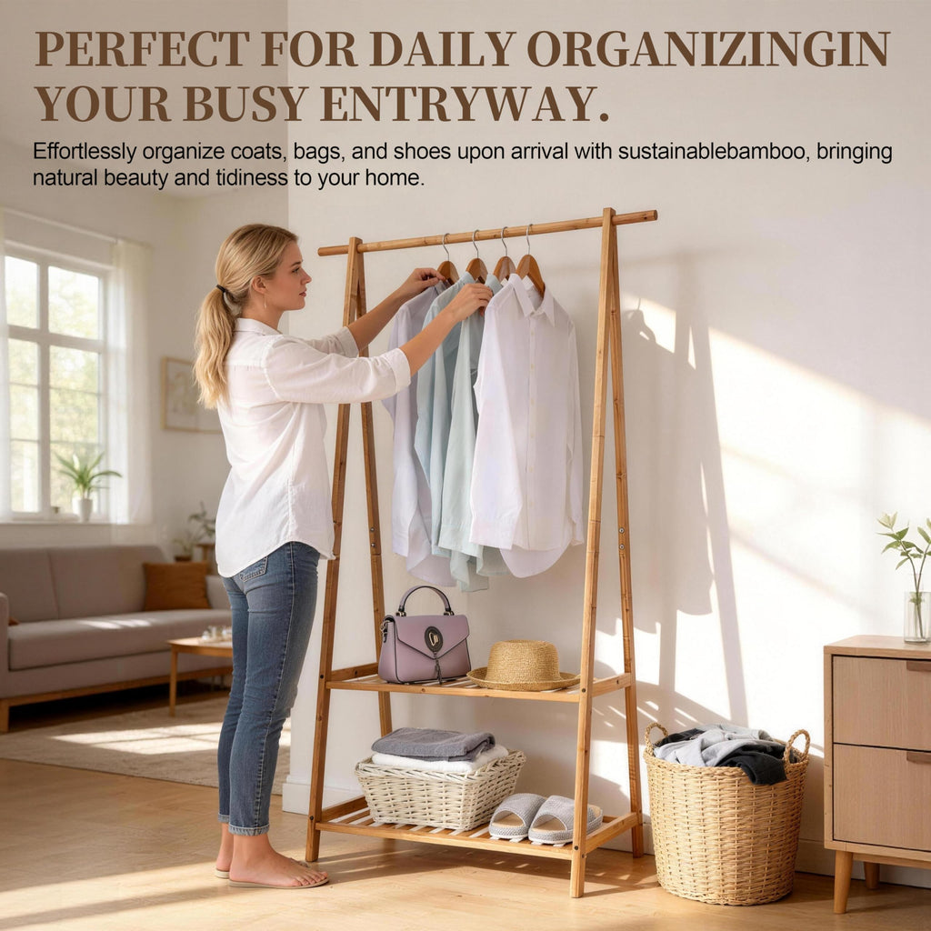 Bamboo Clothes Rack Portable Extra Large Garment Rack 2-Tire Storage Box Shelves and Bed Room Patented Design