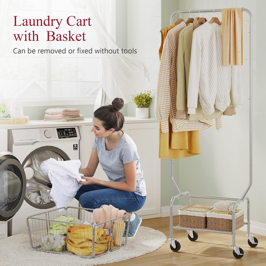 Rolling Laundry Cart with Hanging Rack & Laundry Basket, Silver