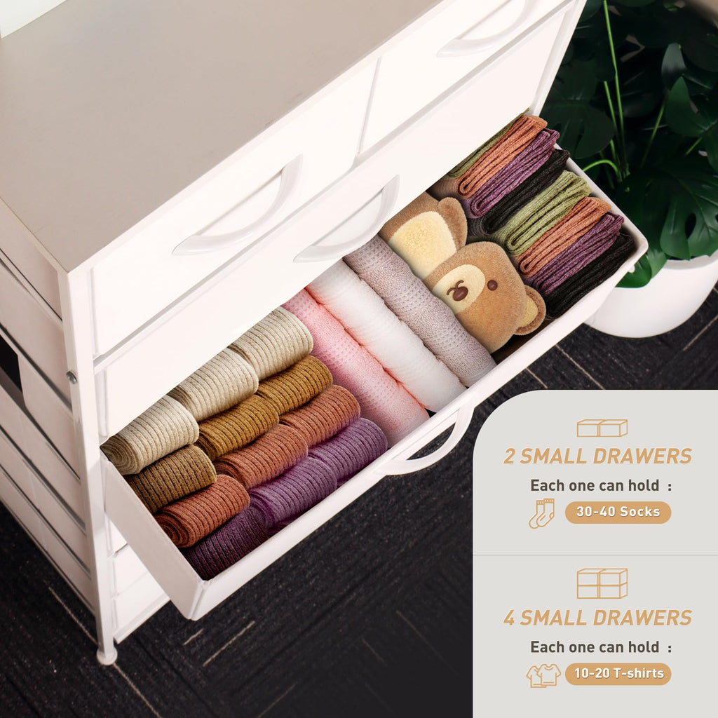 Tall Dresser, Vertical Storage Organizer Tower with 6 Drawers, Chest of Drawers with Fabric Bins, Steel Frame, Wood