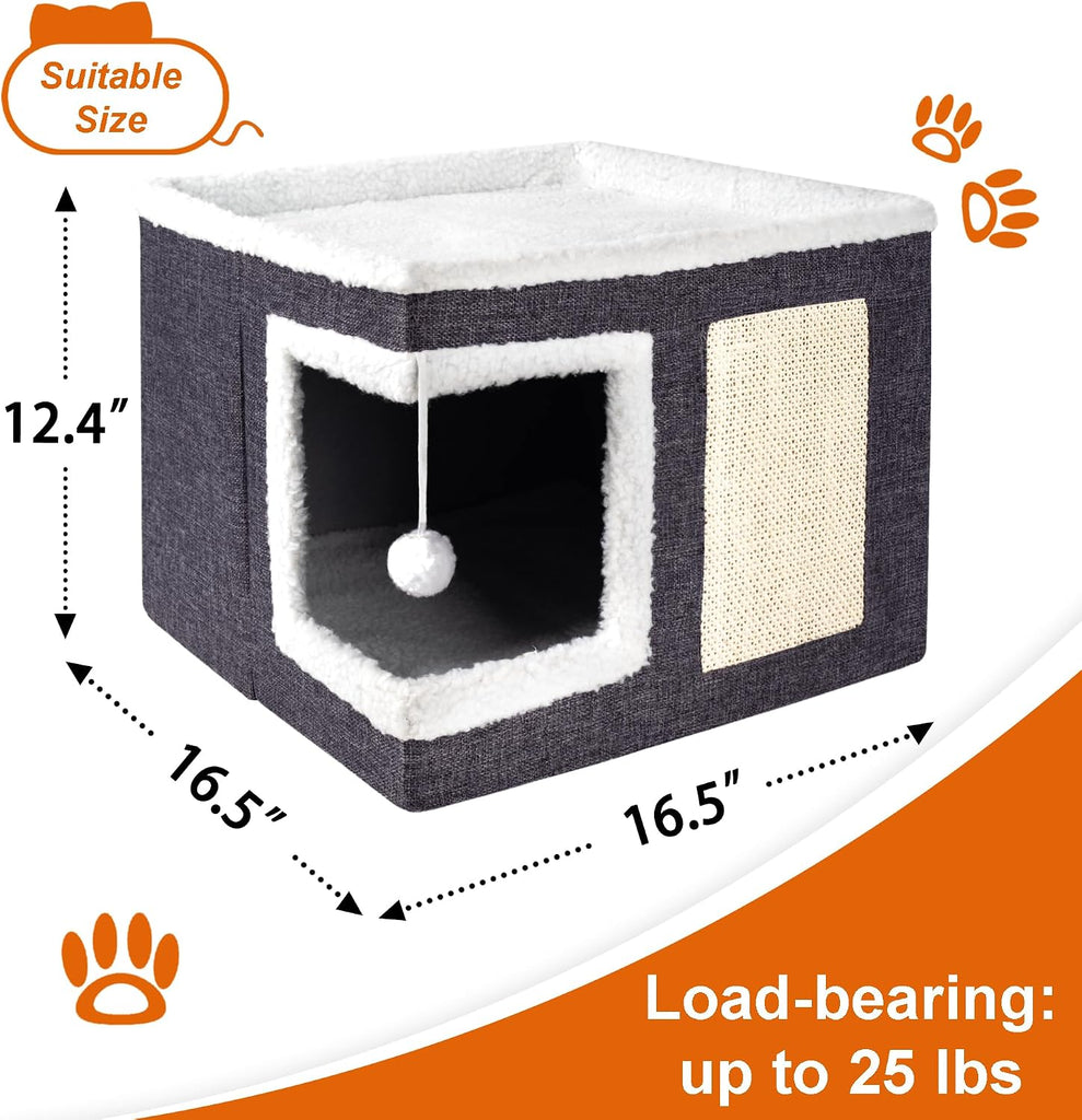 Cat Houses for Indoor Cats - Large Cat Bed Cave with Scratch Pad and Fluffy Ball, Foldable Cat Condo Hideaway