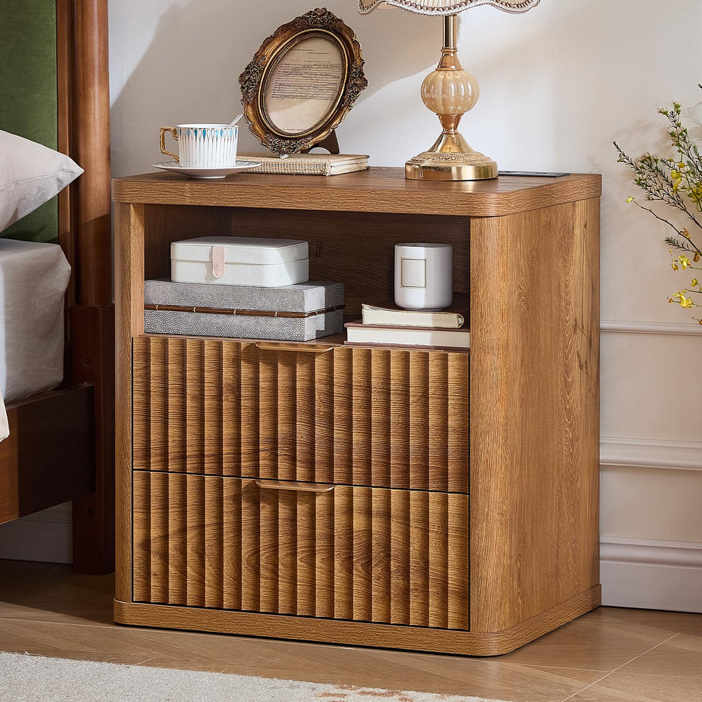 Fluted Farmhouse Nightstand Set of 2 with Charging Station, 23" Wide 2 Drawers End Table, Brown Dresser, Bed Side
