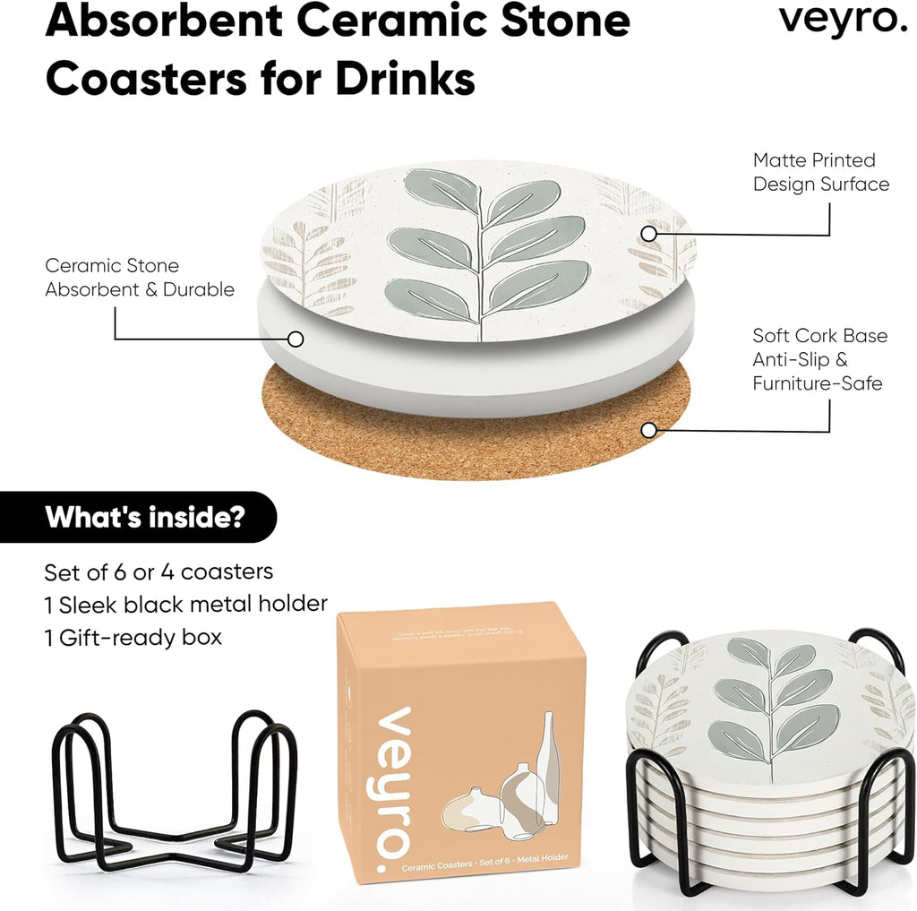 Ceramic Coasters - Absorbent Stone Drink Coasters with Holder, Non-Slip Cork Backing, Modern Marble Look - Set of 6