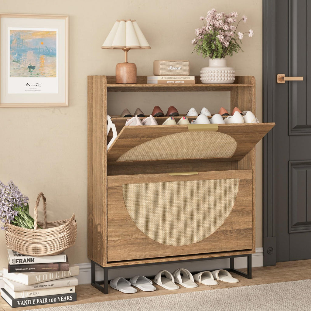 Rattan Shoe Storage Cabinet with 2 Flip Drawers, Freestanding Shoe Organizer with Metal Legs, Hidden Golden Handles