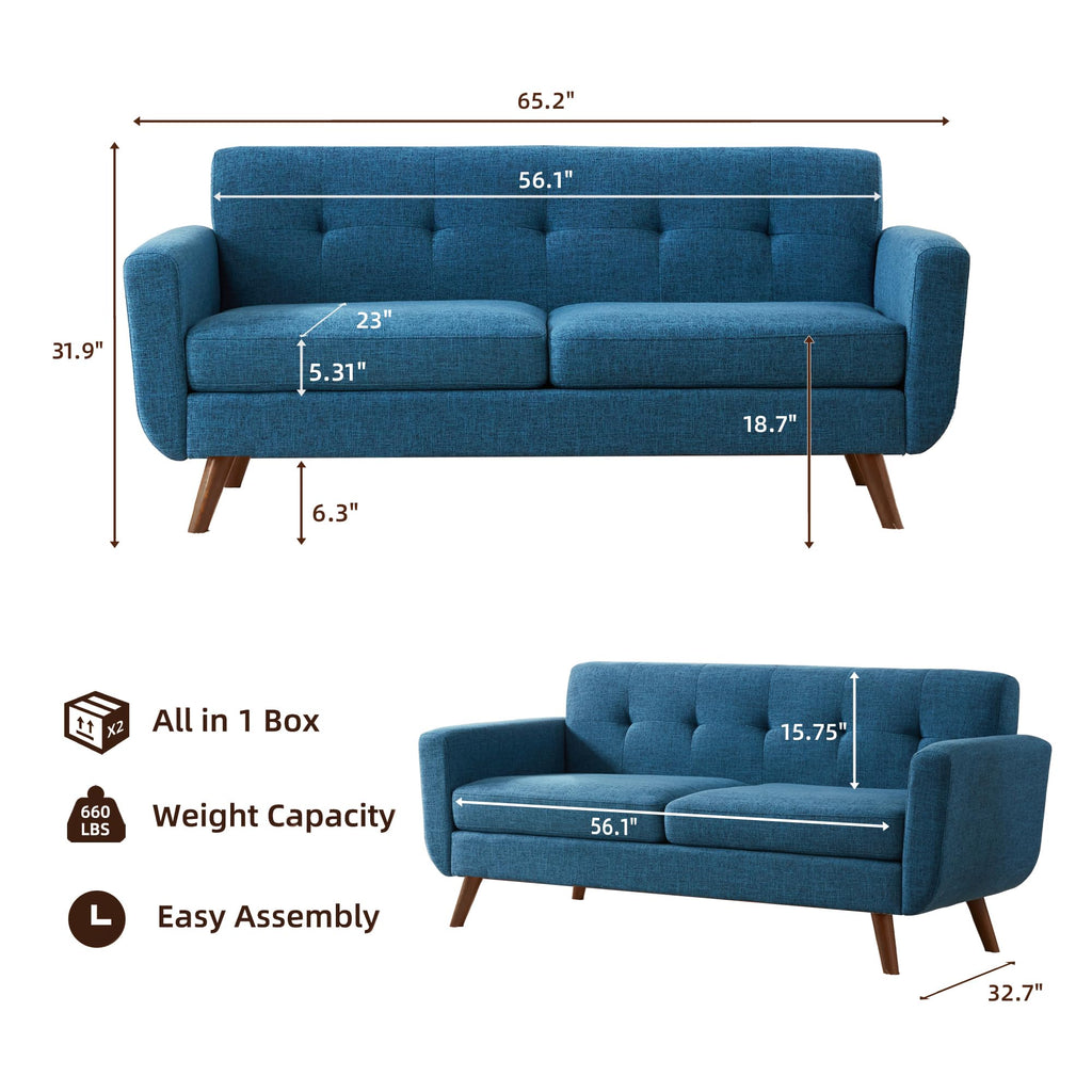 65" W Loveseat Sofa, Mid Century Modern Decor Love Seat Sofas and Couches, Button Tufted Upholstered Small Couch