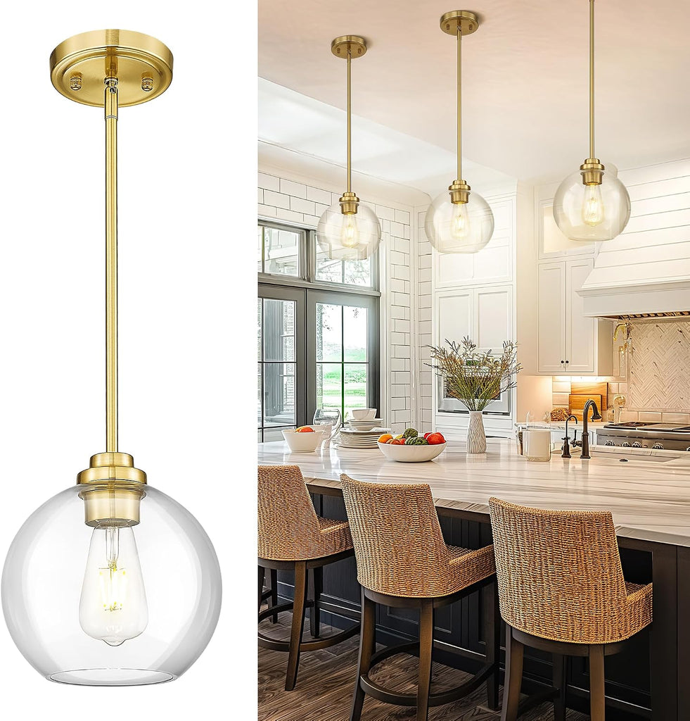 8 inch Modern Gold Pendant Light Fixtures, Mid Century Globe Pendant Lights with Clear Glass, 1 Light Hanging Lights