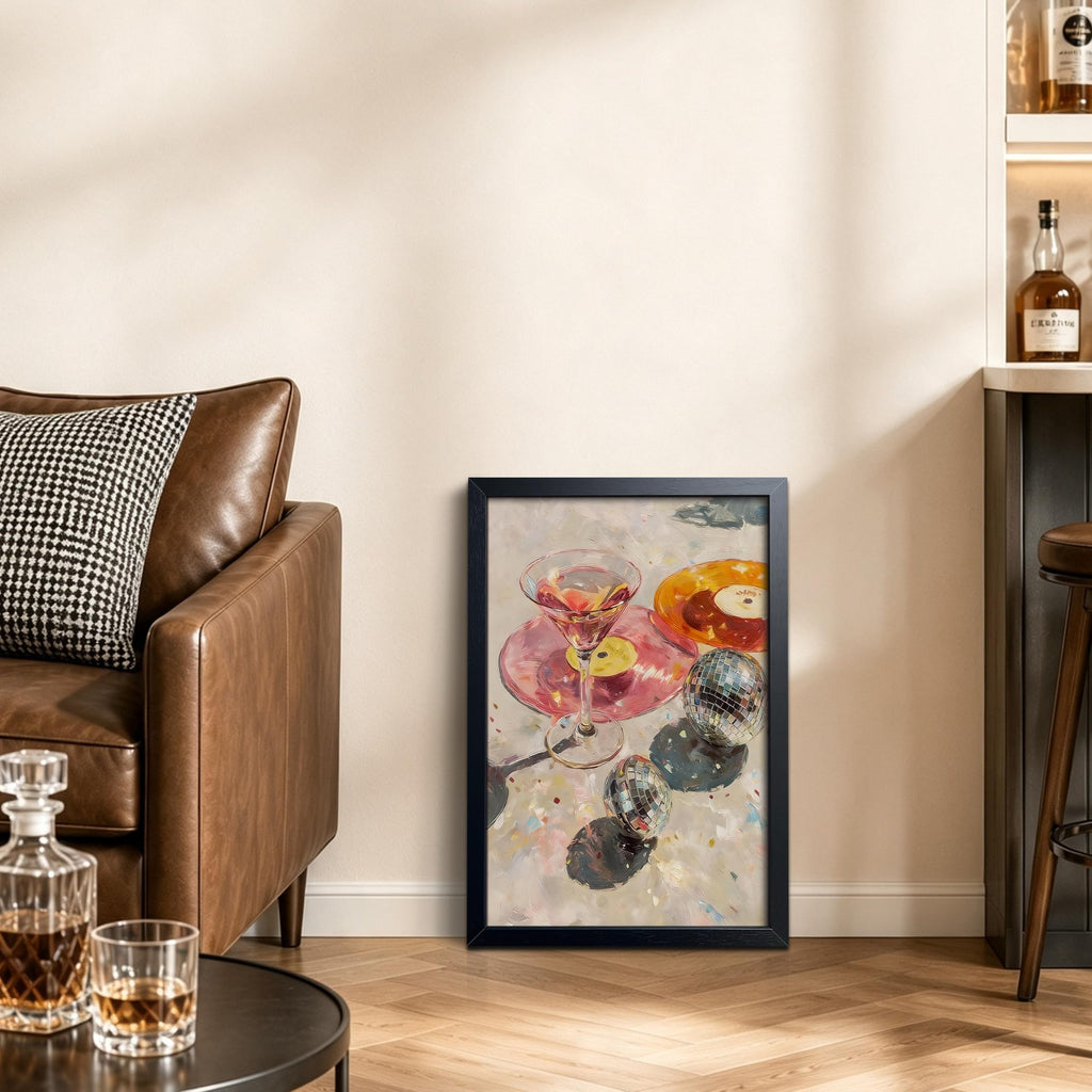 Pink Cocktail Canvas Wall Art 16x24 Framed, Vintage Disco Ball Vinyl Record Print Poster, Y2K Aesthetic Room Decor