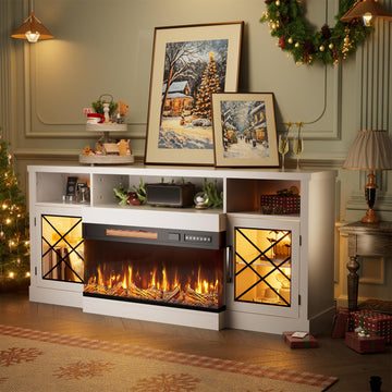 65" Fireplace TV Stand, 3 Sided Glass Fireplace Entertainment Center for TVs up to 75" with Storage Cabinet, Glass