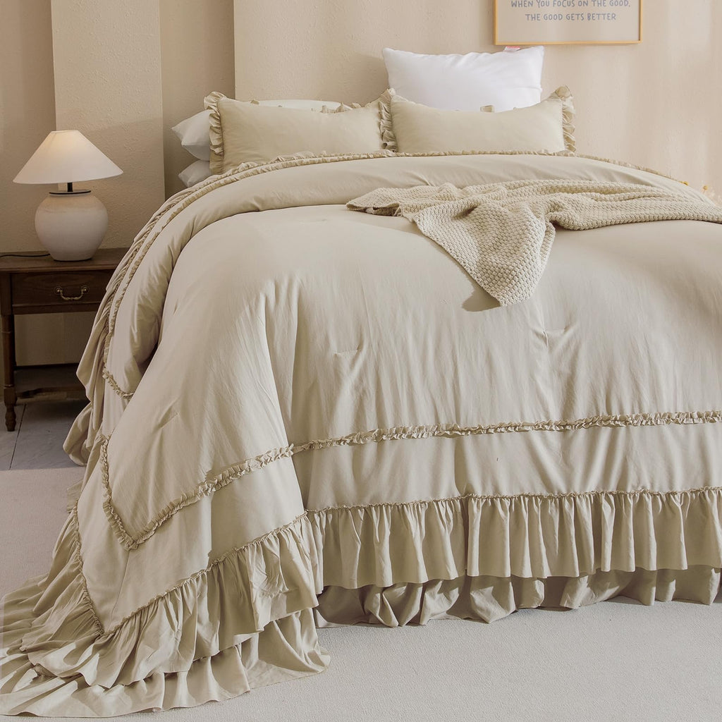 Wheat Oversized King Comforter Set 120x120, Farmhouse Ruffled Bedding Comforter French Country Shabby Vintage Bed
