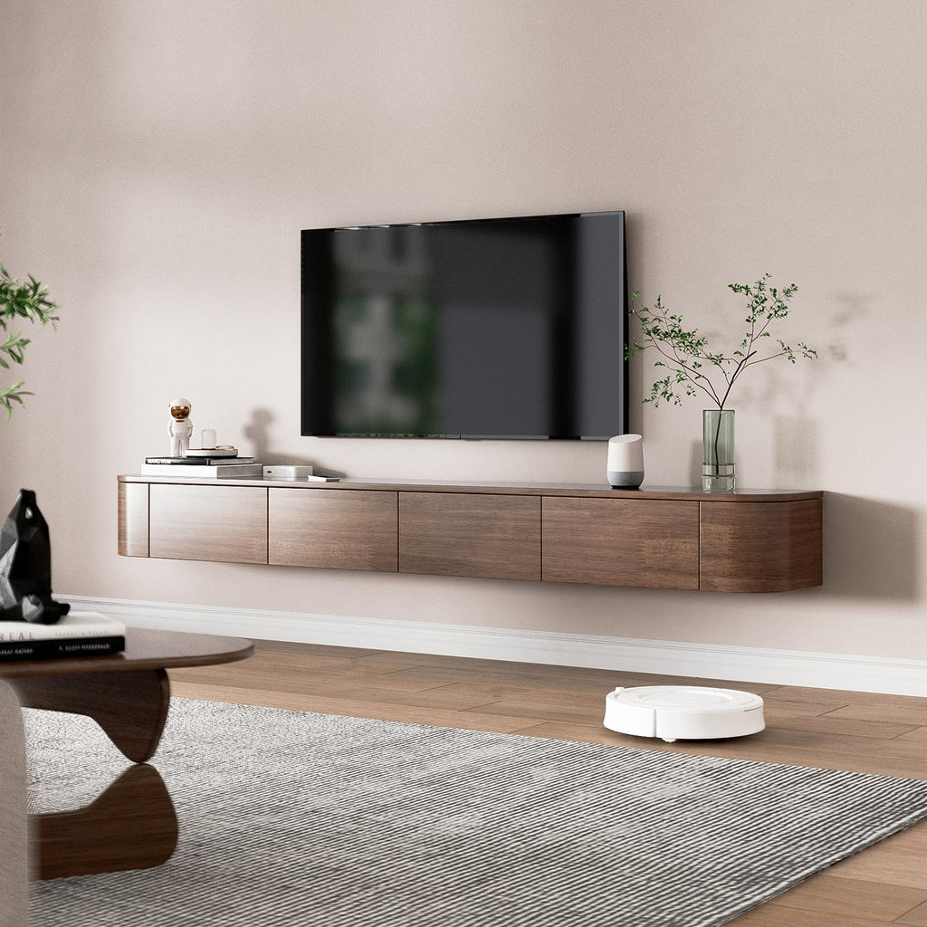 Solid Wood Floating TV Stand - Wall Mounted Media Console with 2 Side Doors, Deepened 11.8'', Wall Mounted