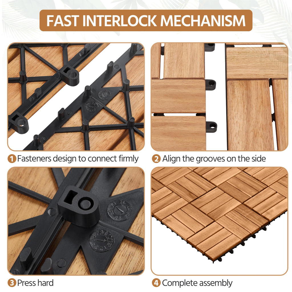 54PCS Acacia Wood Deck Tiles Interlocking Patio Flooring, Wood
