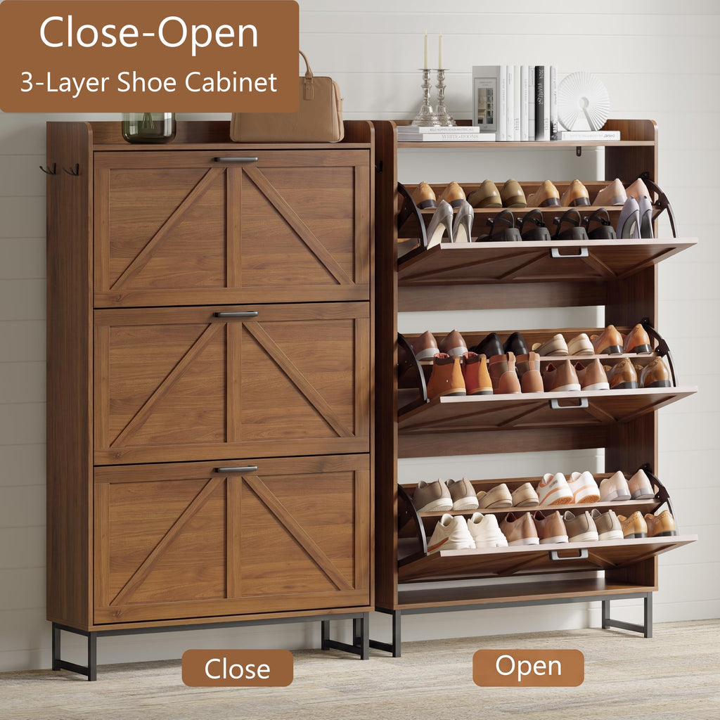 Shoe Storage Cabinet with 3 Flip Drawers, Entryway Shoe Rack, Walnut