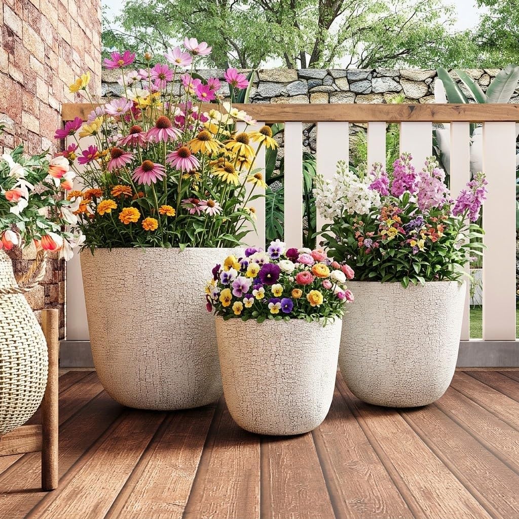 Indoor Outdoor Plant Pots with Drainage Holes and Rubber Plug- Set of 3,Large Lightweight MGO Flower Pots