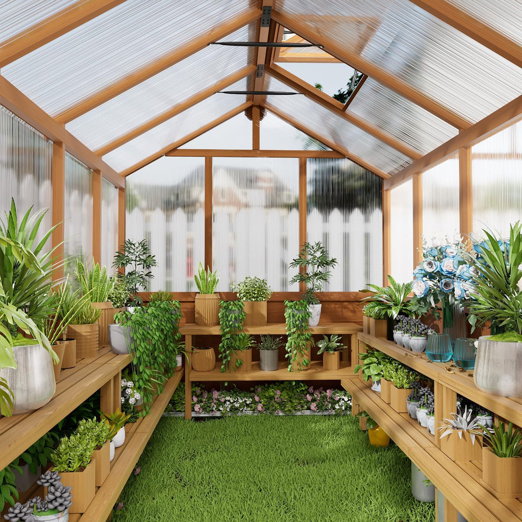 6x10 FT Wooden Greenhouse,Natural Wood Garden House for Plants,Heavy Duty Green House with Polycarbonate Panel