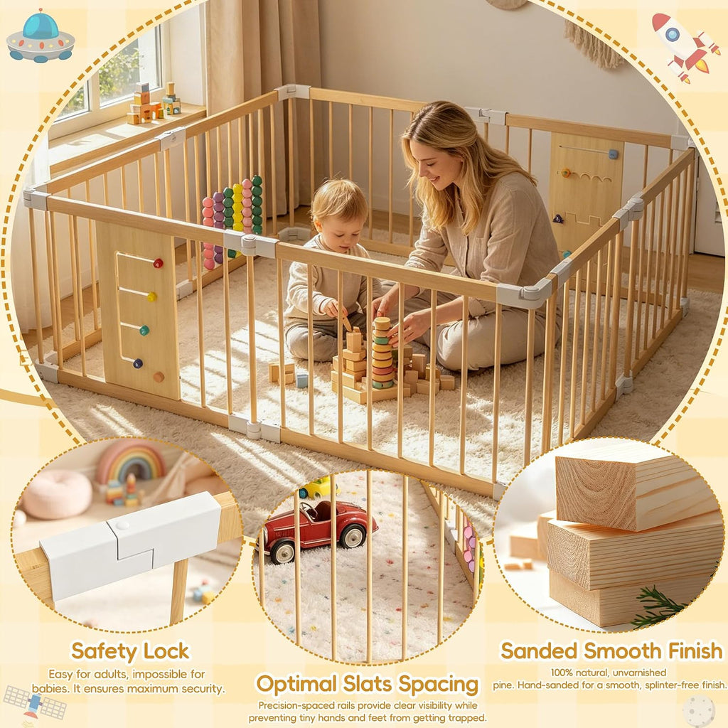 Foldable Wooden Baby Playpen, 58"x58"x24" Adjustable Shape & Size Playpen for Babies and Toddlers, Natural Pine Wood