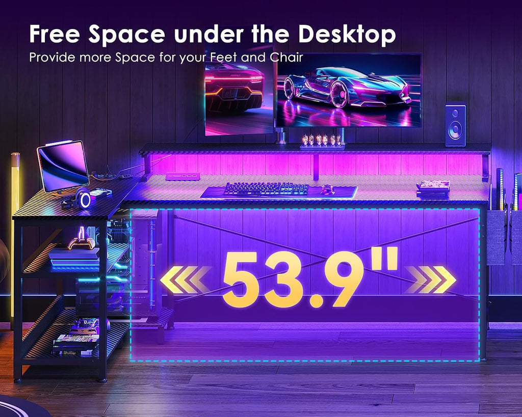 66 Inch L Shaped Gaming Desk with LED Lights, Power Outlets, Black | Adjustable Monitor Stand, Open Storage Shelves