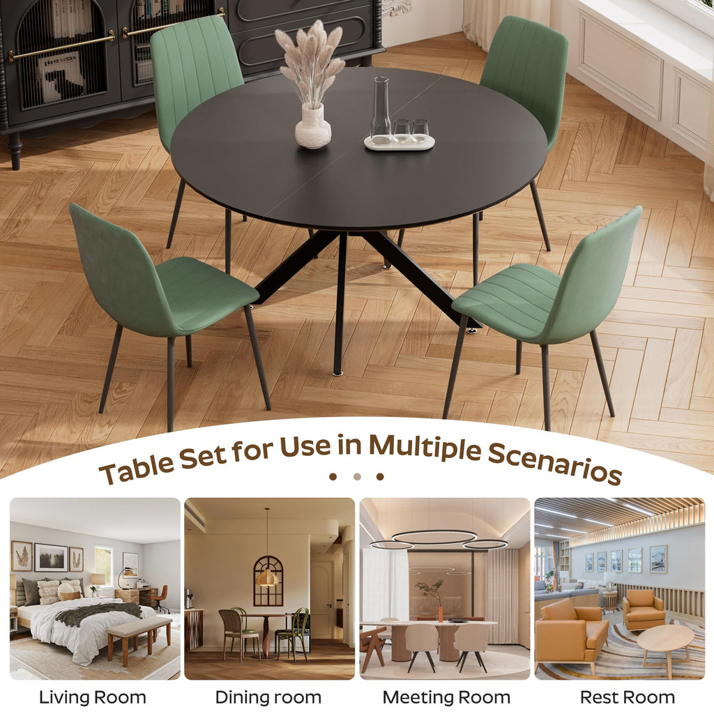 47" Modern Round Kitchen Table for 2-6, Save Space Black Wooden Circle Dining Table with Wooden Table Top &