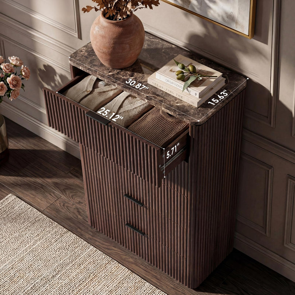30"W Fluted Dresser, Tall Dresser with 5 Drawer, Dark Oak