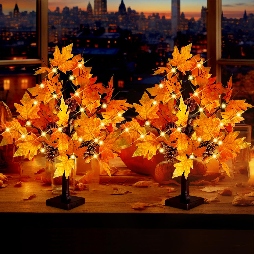 2 Pcs 24 Inch Artificial Fall Tree Lighted Maple Tree Battery USB Operated w/Timer, 24 LED Thanksgiving Decorations